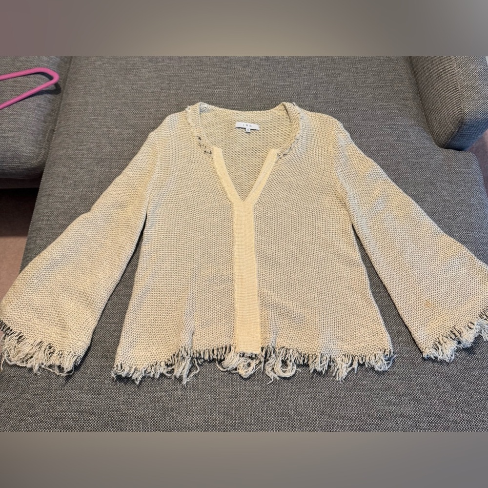 IRO Beige Fringe-Trim V-Neck Knit Sweater